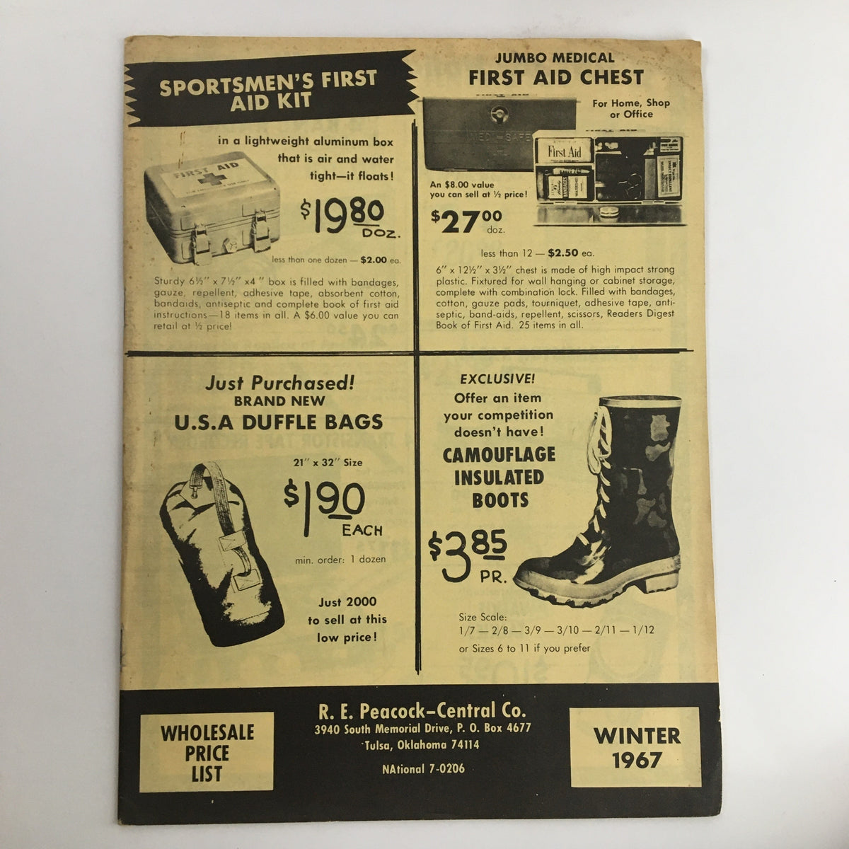 1967 R. E. Peacock - Central Co. Wholesale Price List Catalog featuring vintage advertisements for sportsmen's first aid kits and first aid chests, showcasing pricing details from Winter 1967.