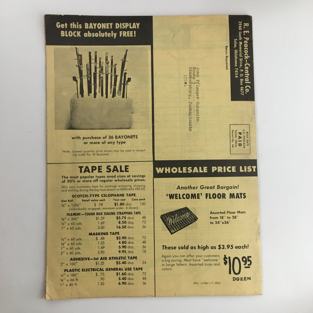 Back cover of the 1967 R. E. Peacock - Central Co. Wholesale Price List Catalog featuring a promotional offer and details for ordering wholesale items.