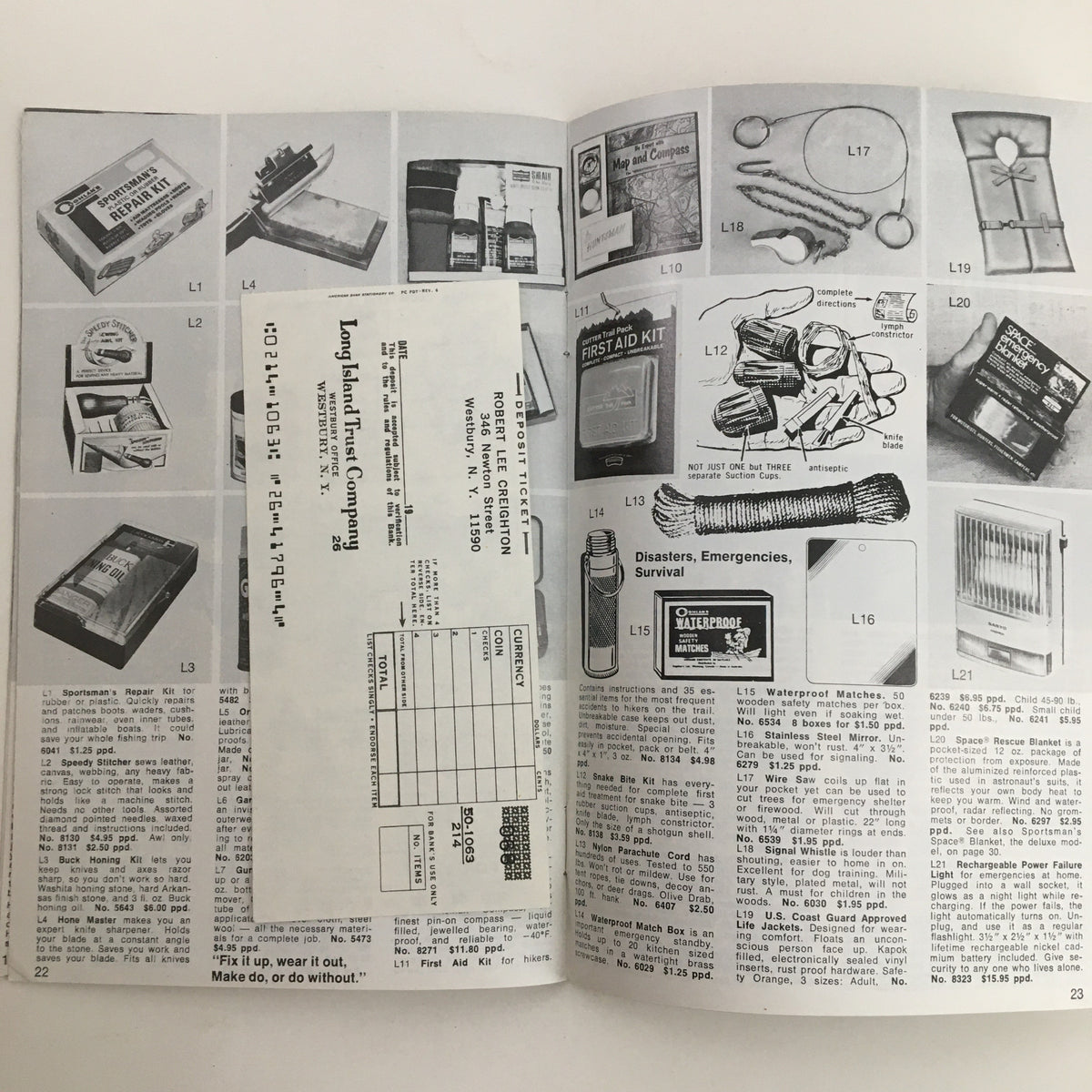 Interior pages from the 1974 - 1975 Tight Lines Price Guide Catalog displaying fishing tackle and emergency supplies.