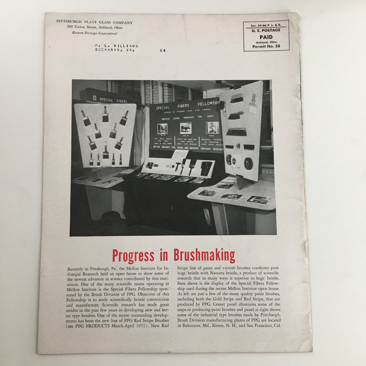 Back cover of the 1951 November - December Products Happiest of the Year Price Catalog, discussing progress in brush making and showcasing various products.