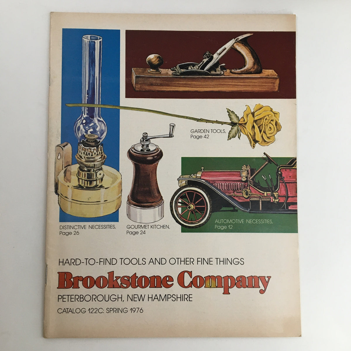 1976 Brookstone Company Hard-To-Find Tools and Other Things Catalog cover featuring various tools including a plane, coffee grinder, garden tools, and a rose.