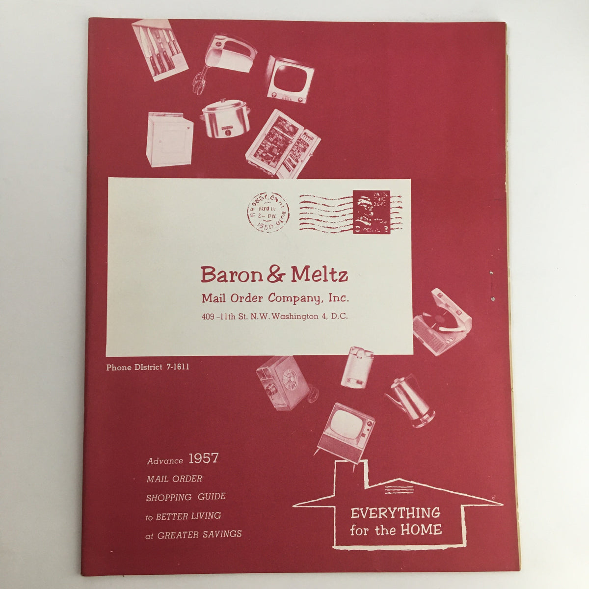 Front cover of the 1957 Baron & Meltz Mail Order Company Inc. Shopping Guide Catalog featuring retro household items and a nostalgic design.