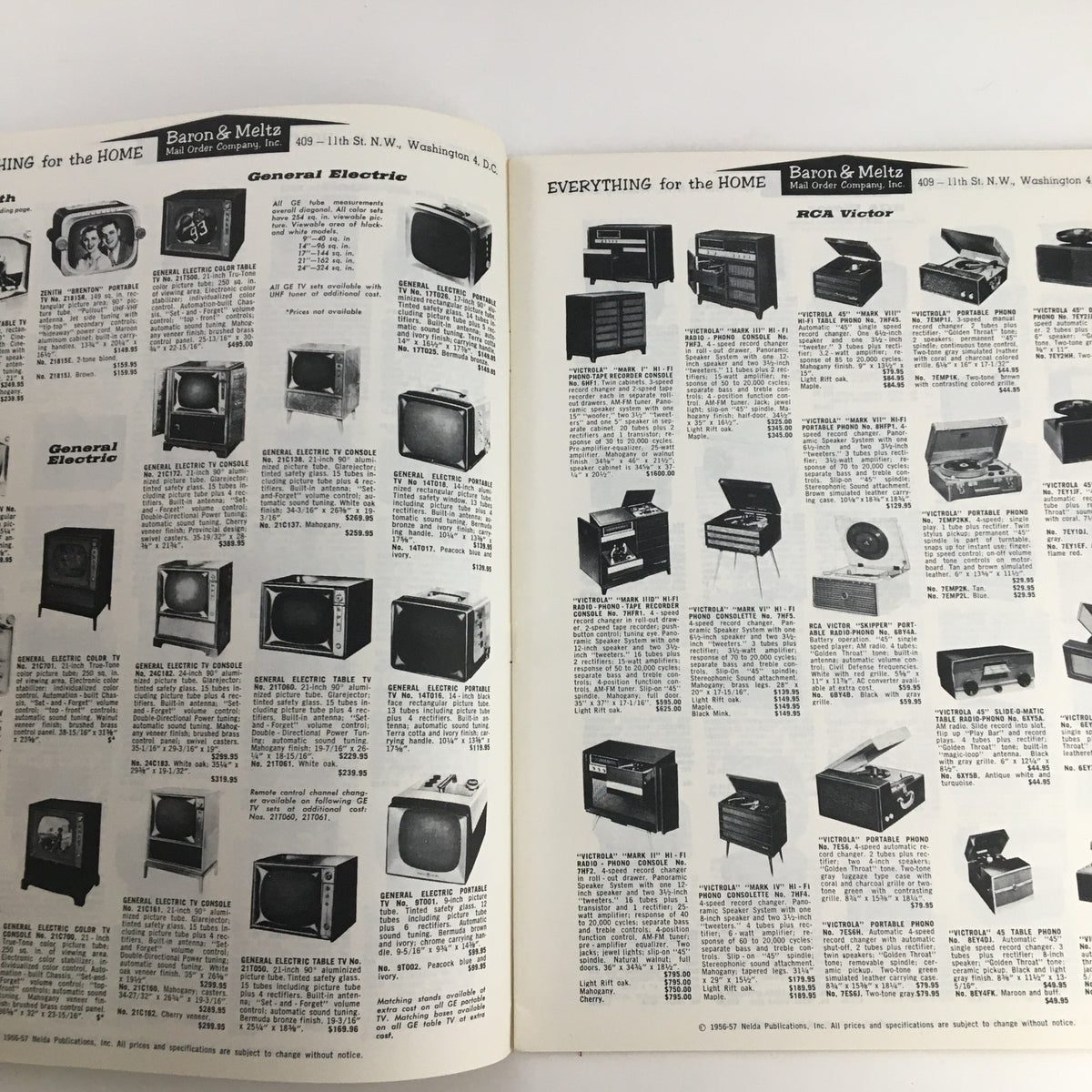 Interior pages of the 1957 Baron & Meltz Mail Order Company Inc. Shopping Guide Catalog showcasing home appliances like televisions and audio equipment.