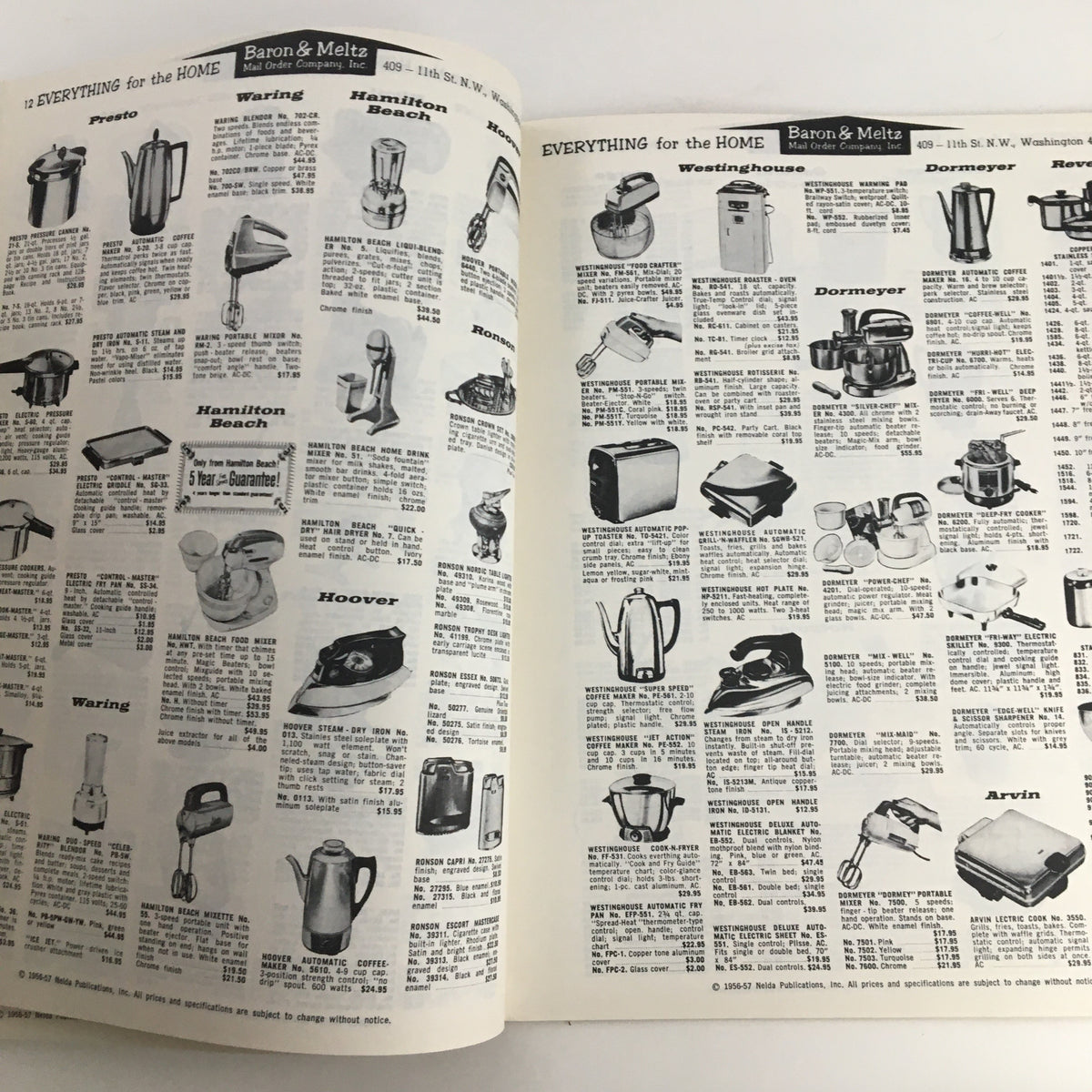 Pages of the 1957 Baron & Meltz Mail Order Company Inc. Shopping Guide Catalog featuring kitchen appliances such as blenders and mixers.