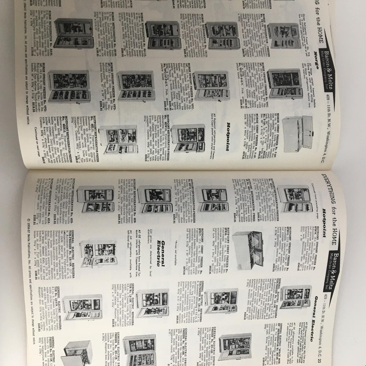 Content from the 1957 Baron & Meltz Mail Order Company Inc. Shopping Guide Catalog displaying refrigerators and related appliances.