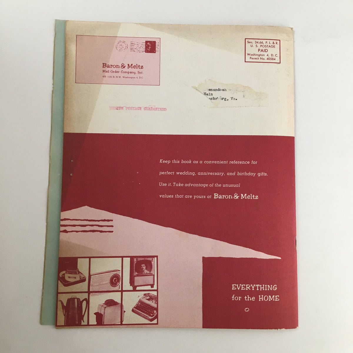 Back cover of the 1957 Baron & Meltz Mail Order Company Inc. Shopping Guide Catalog featuring a nostalgic red design, emphasizing its role as a vintage shopping reference.