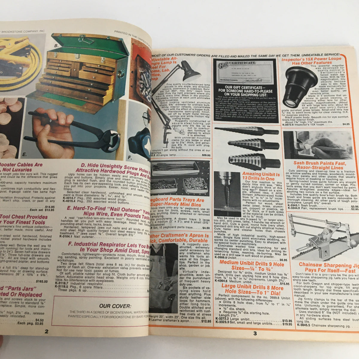 Interior page from the 1976 Brookstone Hard-To-Find-Tools and Other Fine Things Fall Catalog, displaying various tools and accessories, including illustrations and descriptions of products available for purchase.
