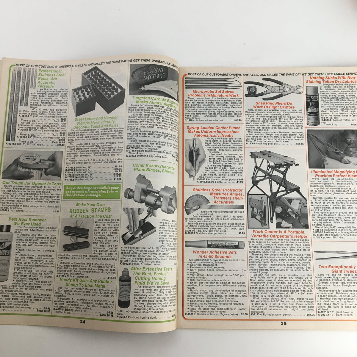 Inside pages of the 1976 Brookstone Hard-To-Find-Tools catalog displaying various unique products and tools offered, featuring a layout of items.