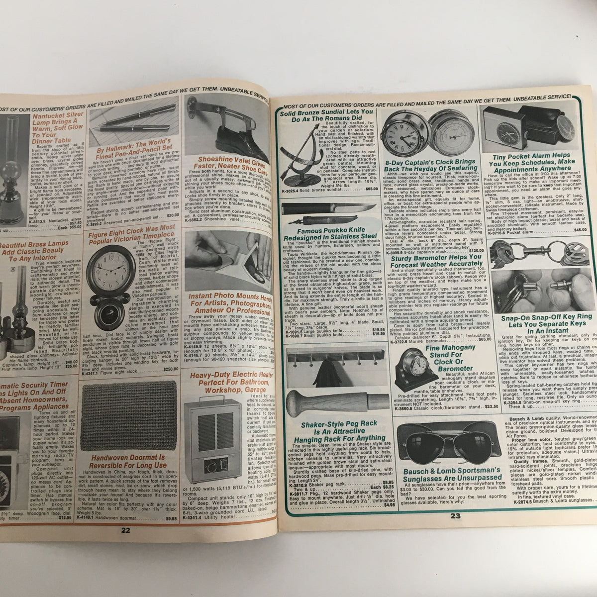 Page from the 1976 Brookstone Hard-To-Find-Tools 62 Brand New Products Catalog showcasing various innovative gadgets and tools.