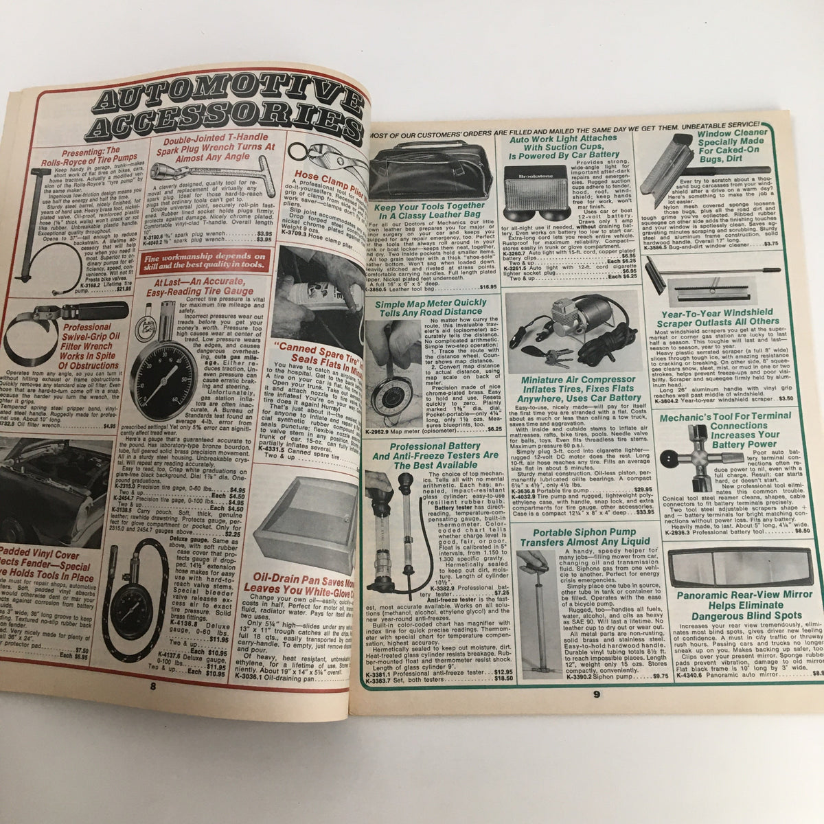 Inside spread of the 1976 Brookstone Hard-To-Find-Tools and Other Fine Things Catalog 124B showcasing automotive accessories with detailed descriptions and pricing.