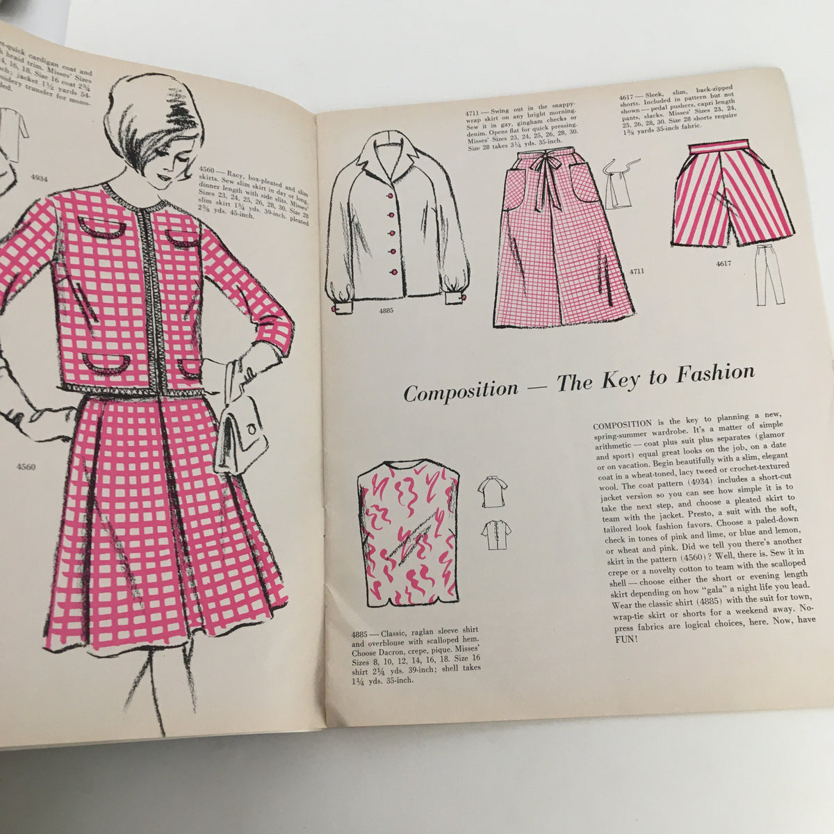 Vintage sewing patterns showcased in the Fashion To Sew Printed Patterns Spring and Summer 1966 magazine, featuring stylish outfits and advice on fashion composition.