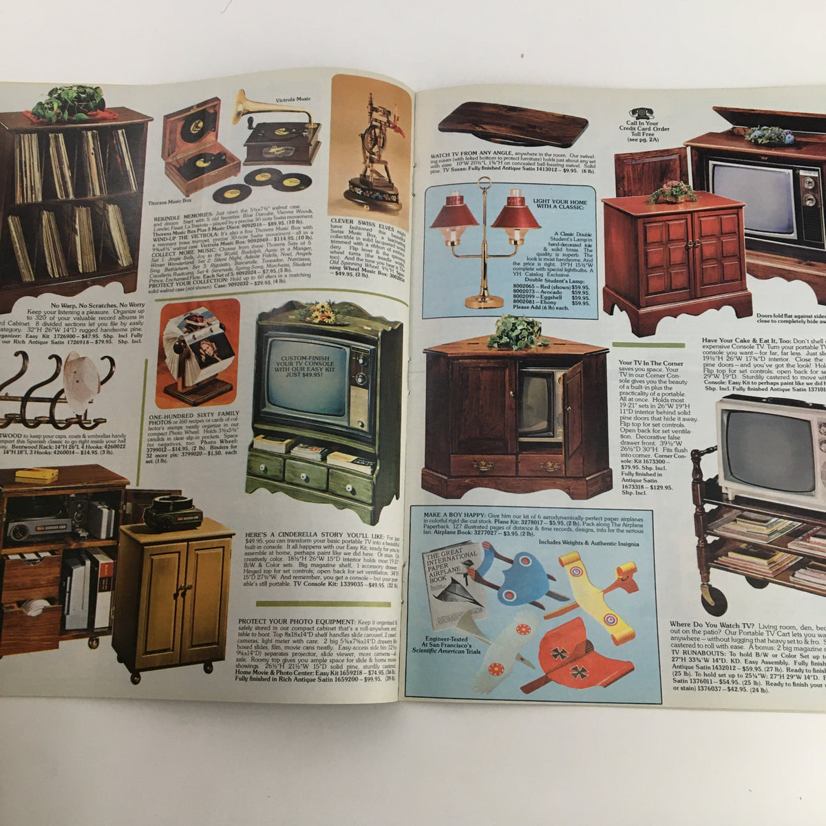 Interior layout from Yield House Quality Pine Furniture & Accessories Catalog displaying vintage furniture pieces such as record cabinets and televisions, highlighting retro home entertainment design.