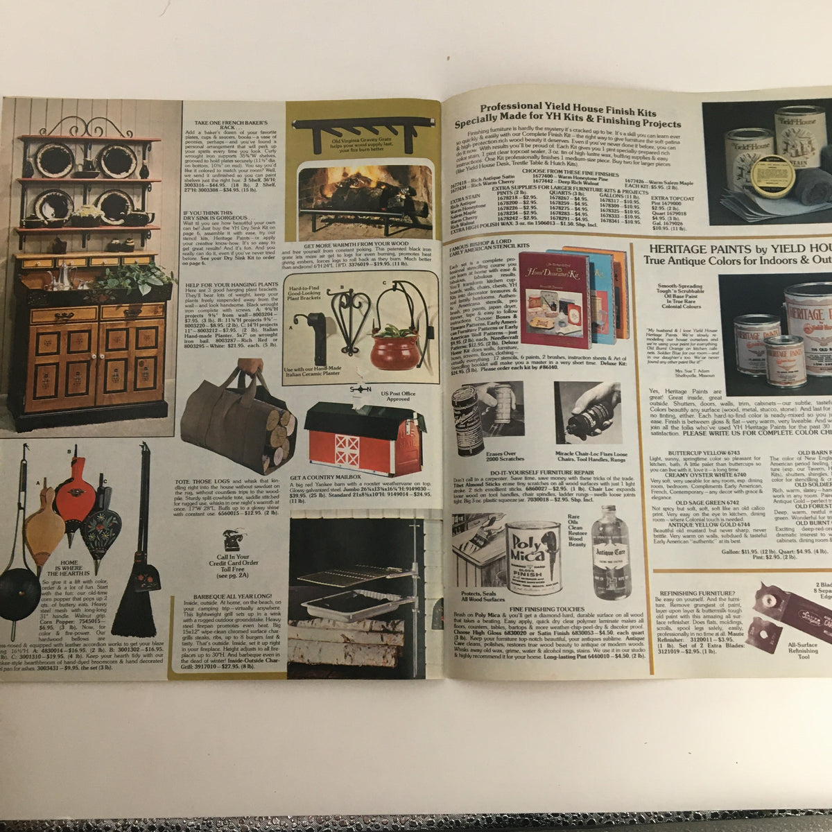 Yield House Quality Pine Furniture & Accessories Catalog showcasing professional finish kits and tools used in furniture projects, with a focus on quality craftsmanship and vintage styles.