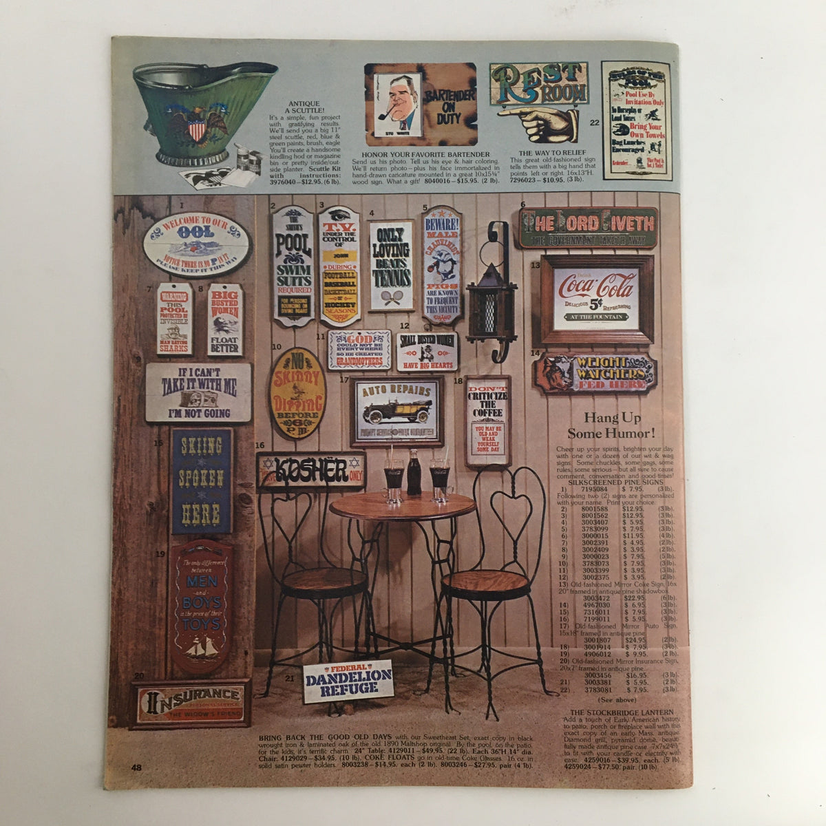 Yield House Quality Pine Furniture & Accessories Catalog presenting a collection of humorous vintage advertisements and signage, capturing the charm of retro decor.
