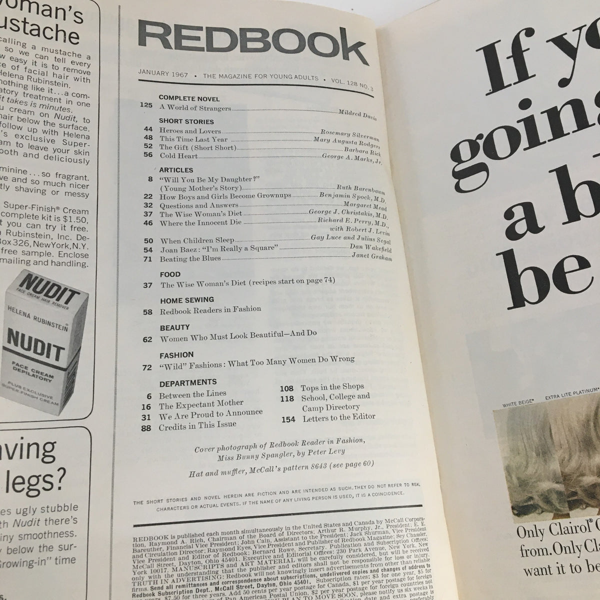 Inside layout of the January 1967 Redbook Magazine, detailing contents and articles, including mentions of the cover photograph of Miss Bunny Spangler.