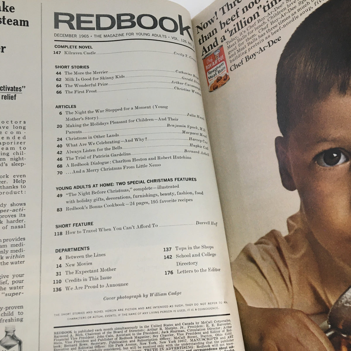 Interior page of Redbook Magazine December 1965 showcasing various articles and features, including 'The Night Before Christmas', reflecting the magazine’s focus on holiday themes.