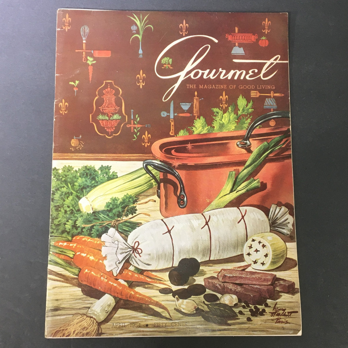 Cover of VTG Gourmet Magazine, The Magazine of Good Living, April 1954, featuring an artistic display of vegetables and kitchenware.