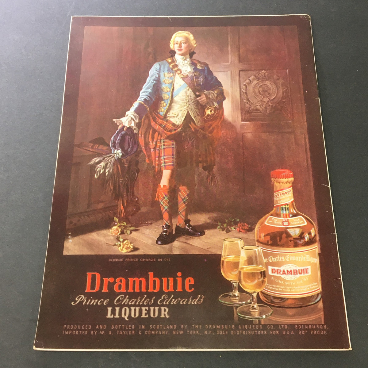 Cover of Drambuie Liqueur advertisement featuring a regal figure in traditional attire, promoting Prince Charles Edwards Liqueur.