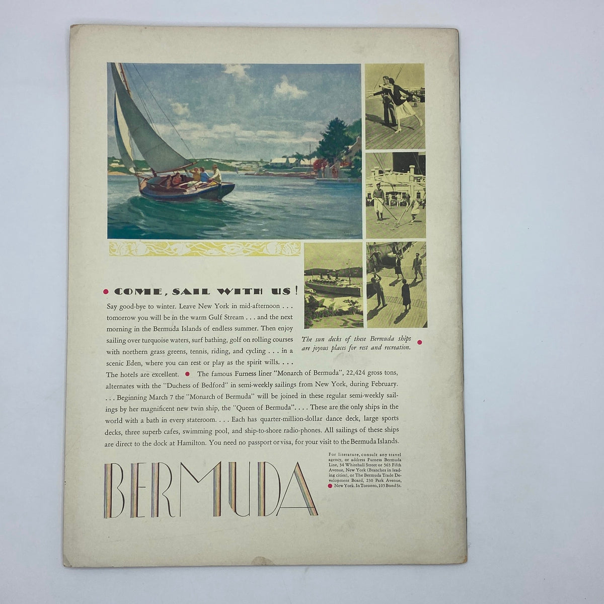 Colorful travel advertisement for Bermuda from The New Yorker Complete Magazine February 18, 1933, promoting leisure activities and the beauty of island life.