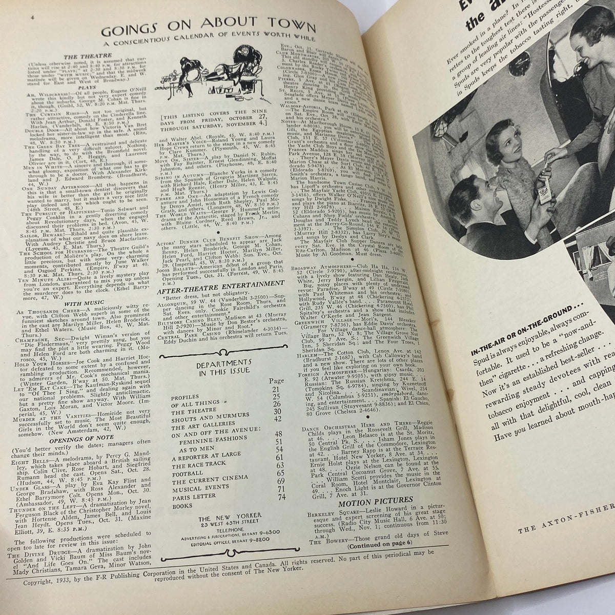 Interior pages of The New Yorker magazine, October 28, 1933, featuring the section 'Goings On About Town' with a calendar of events and advertisements.