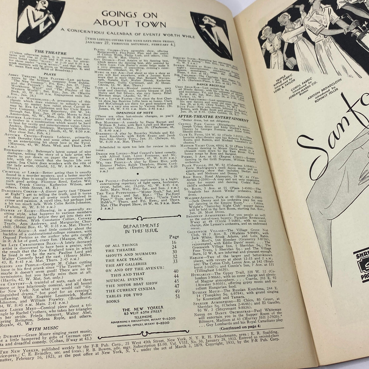 Inside page of The New Yorker magazine from January 28, 1933, displaying the 'Goings On About Town' section with event listings.