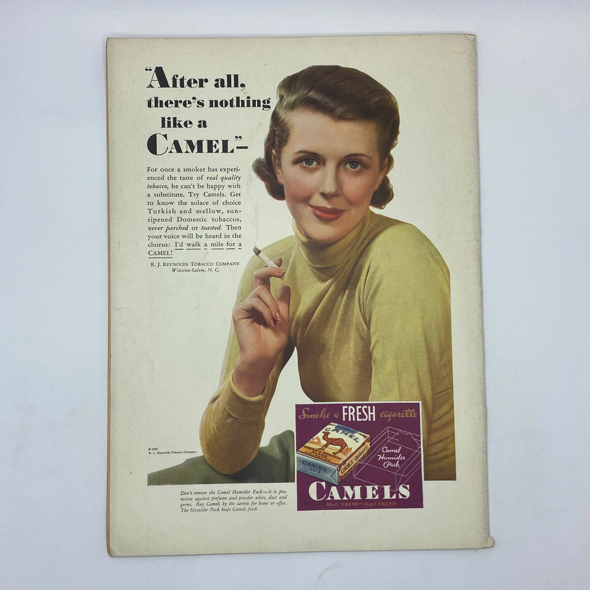 Vintage advertisement from The New Yorker magazine January 28, 1933, featuring a woman promoting Camel cigarettes with a tagline about quality tobacco.