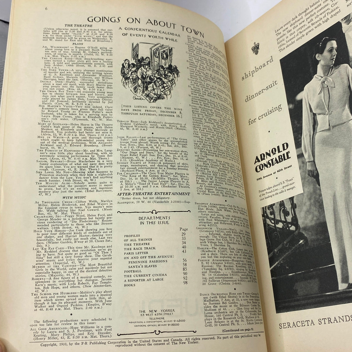 Inside page of The New Yorker Complete Magazine December 9, 1933 featuring calendar events and advertisements.