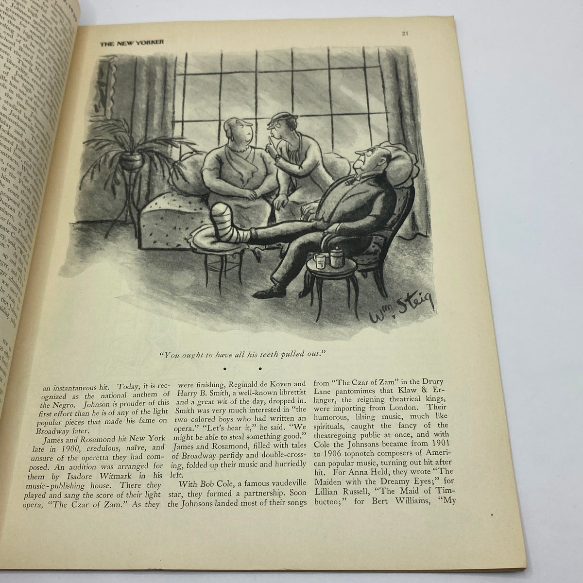 Cartoon illustration from The New Yorker magazine, September 30, 1933, depicting a humorous scene with two women and a man discussing dental health, showcasing the magazine's signature wit and artistry.