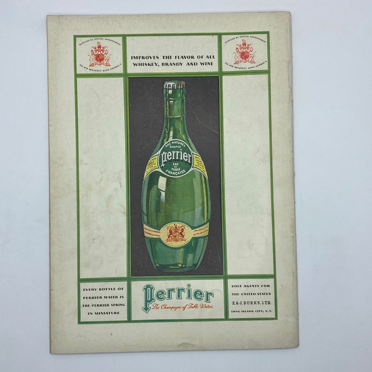 Perrier advertisement showcasing a bottle of Perrier water, labeled as 'The Champagne of Table Waters', from The New Yorker Complete Magazine October 20, 1934, by Helen E. Hokinson.
