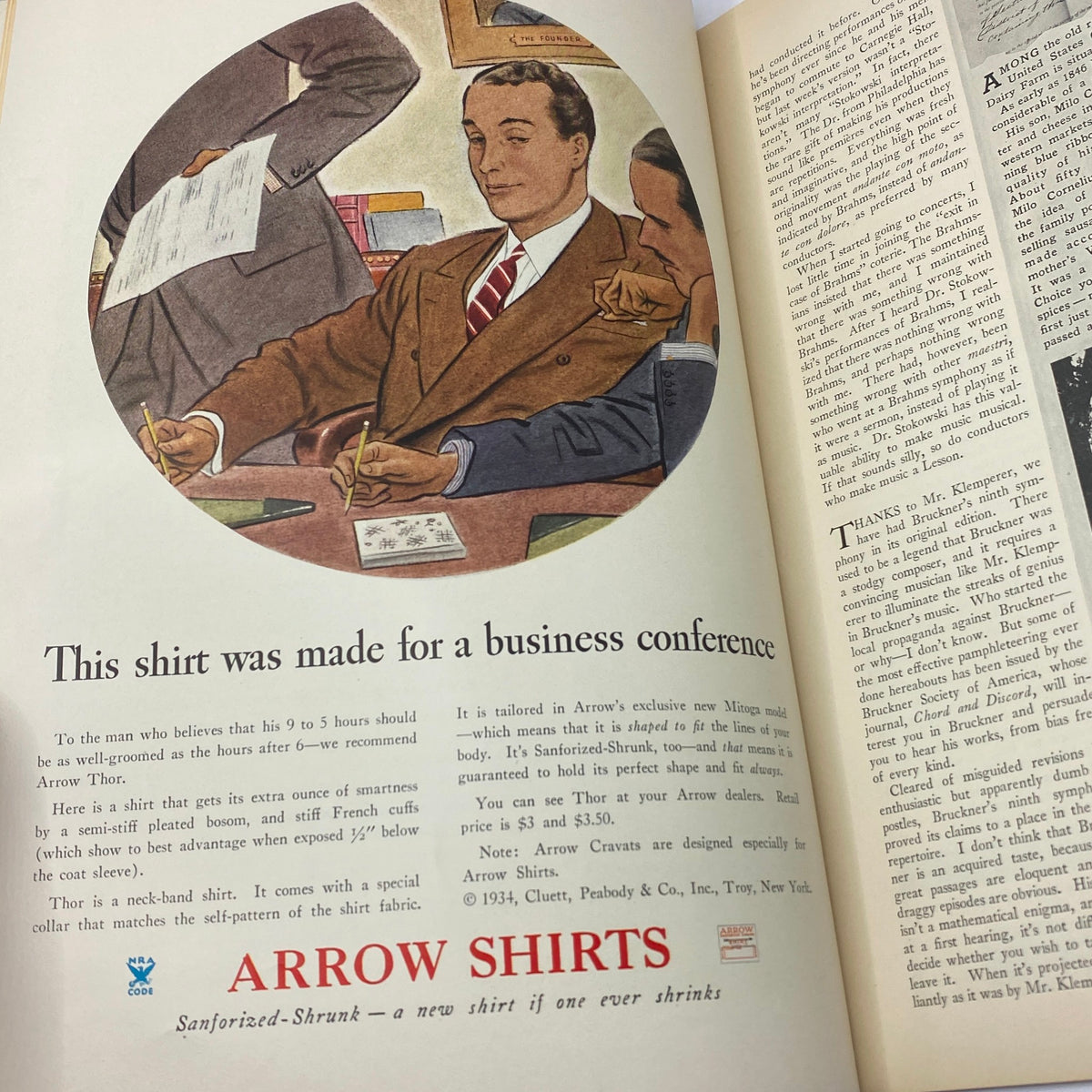 Advertisement for Arrow Shirts in The New Yorker magazine, October 27, 1934, showcasing a stylish man at a business conference, highlighting fashion.