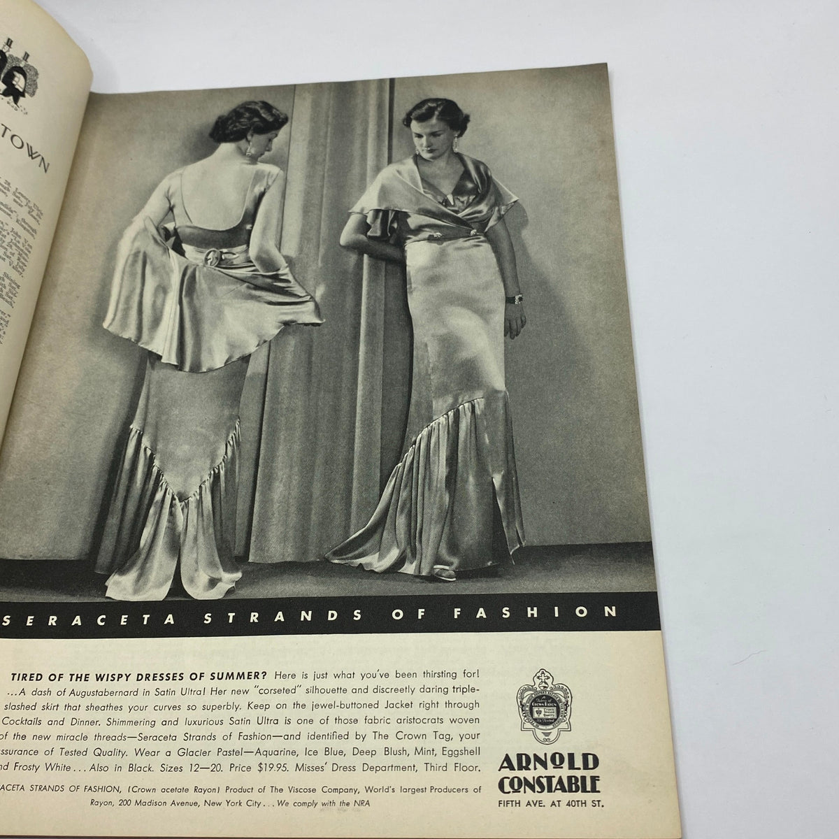 Fashion advertisement featuring elegant evening dresses in The New Yorker Complete Magazine July 28, 1934, highlighting styles from Seraceta Strands.