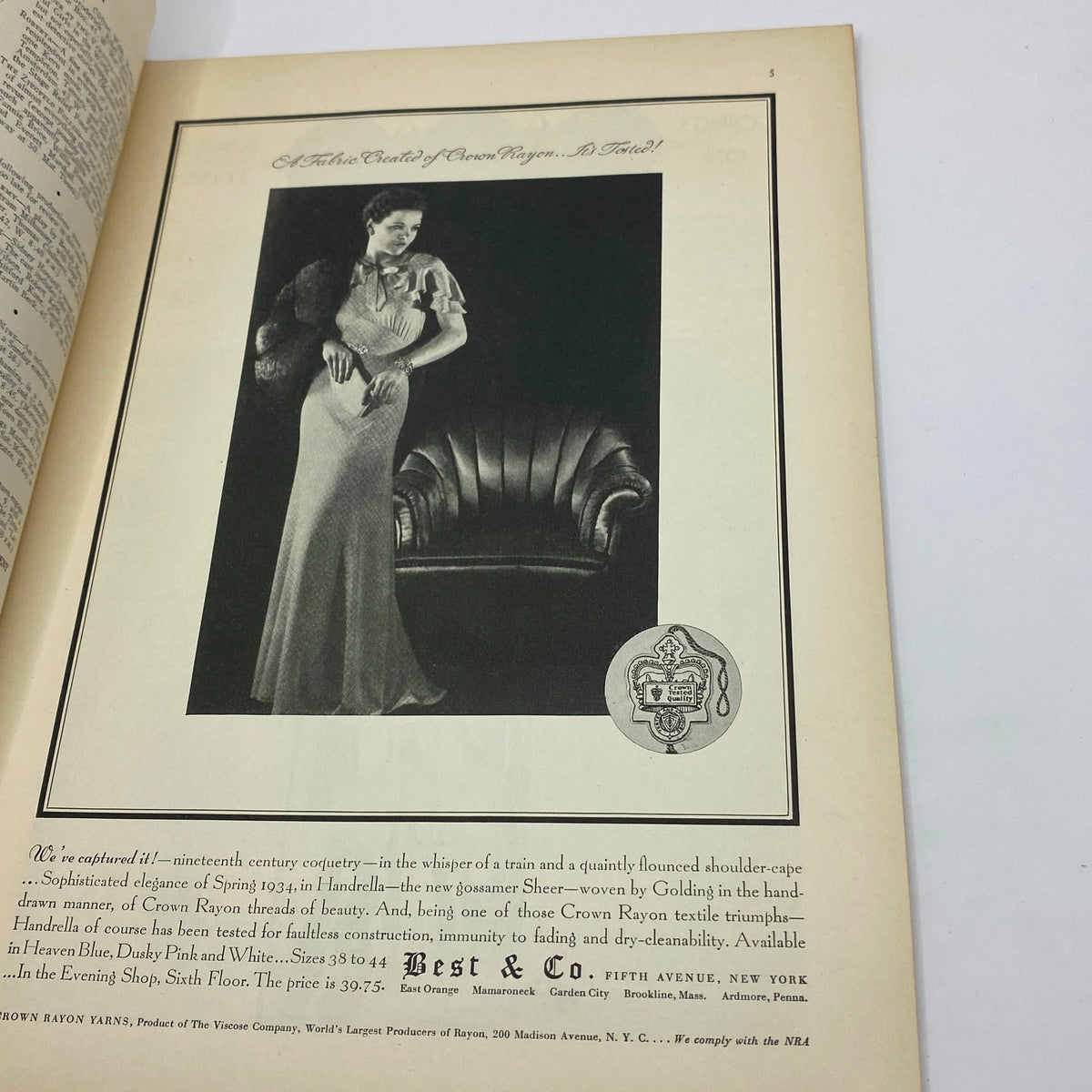Advertisement page in The New Yorker Complete Magazine March 3, 1934 showcasing a fashion model in a sophisticated gown with a focus on fabric and design.
