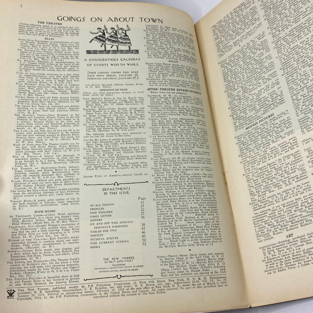 Page from The New Yorker magazine dated January 20, 1934 featuring event listings and cultural commentary, reflecting the artistic style of the era.