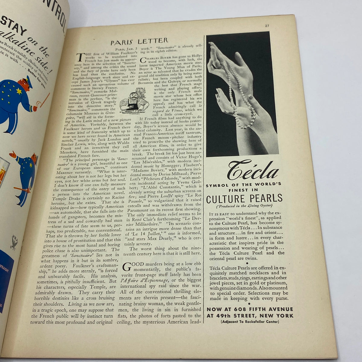 Paris Letter article page from The New Yorker magazine, January 20, 1934, offering insights into American and French cultural life of the time.