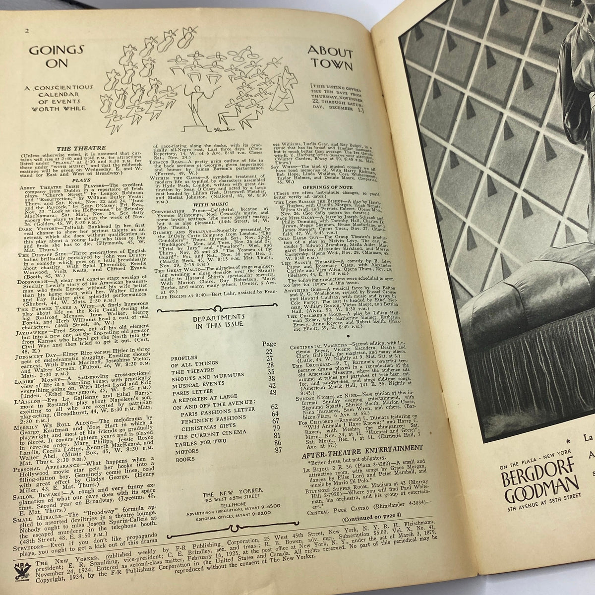 Page from The New Yorker Complete Magazine November 24, 1934 featuring listings for events and activities in New York City, showcasing the magazine's unique blend of art and cultural commentary.
