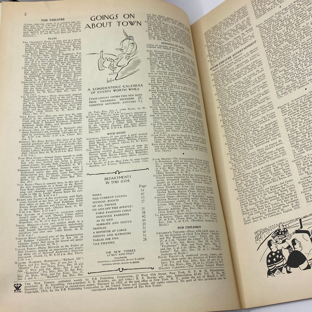 Interior page of The New Yorker Complete Magazine December 29, 1934, featuring the 'Goings On About Town' section with articles and cartoons reflecting 1930s culture.
