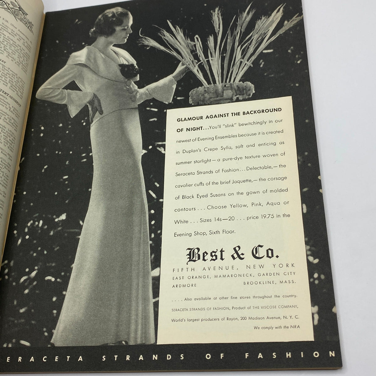 Advertisement for evening ensembles in The New Yorker Complete Magazine April 21, 1934 featuring a model in a stunning dress with styling details.