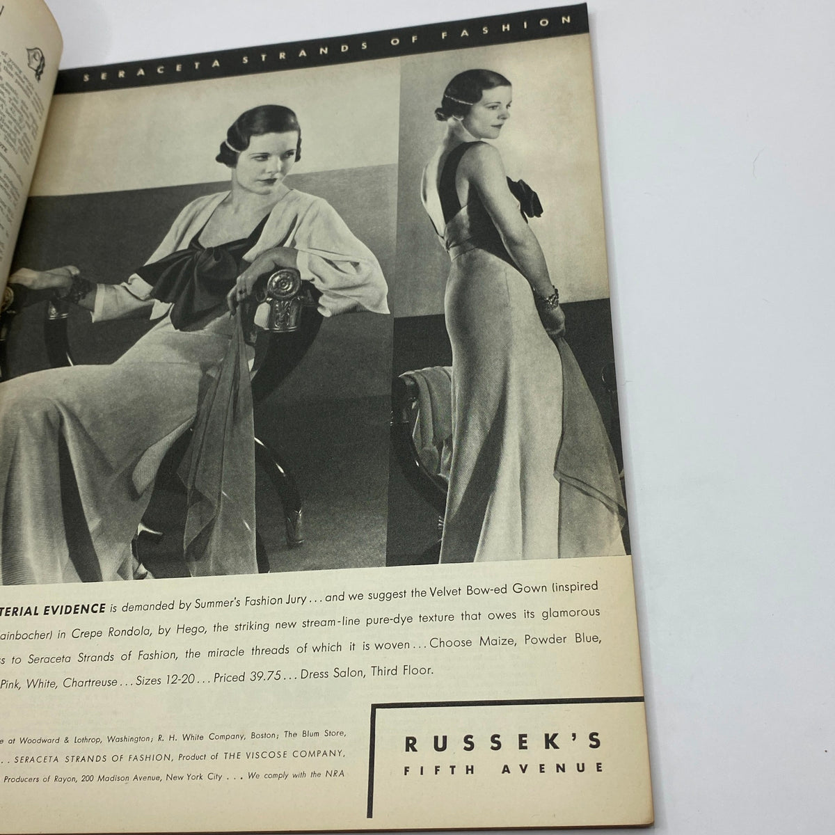 Fashion advertisement from The New Yorker magazine April 14, 1934, showcasing elegant dresses from Seraceta Strands of Fashion, highlighting stylish gown designs.
