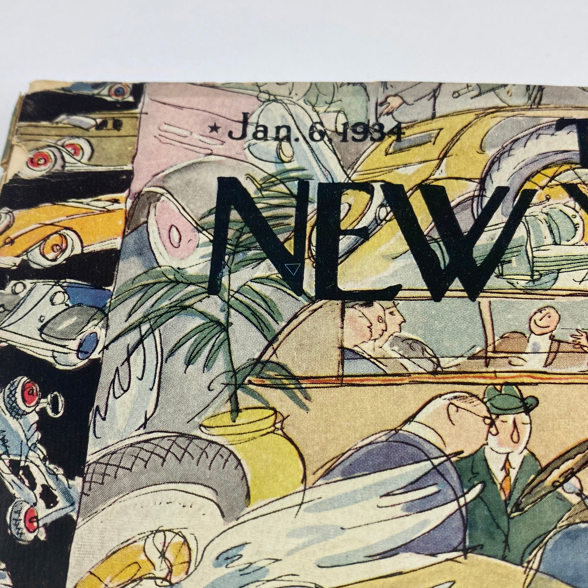 Cover of The New Yorker magazine dated January 6, 1934, featuring whimsical illustration by Perry Barlow depicting vibrant city life and vintage automobiles.