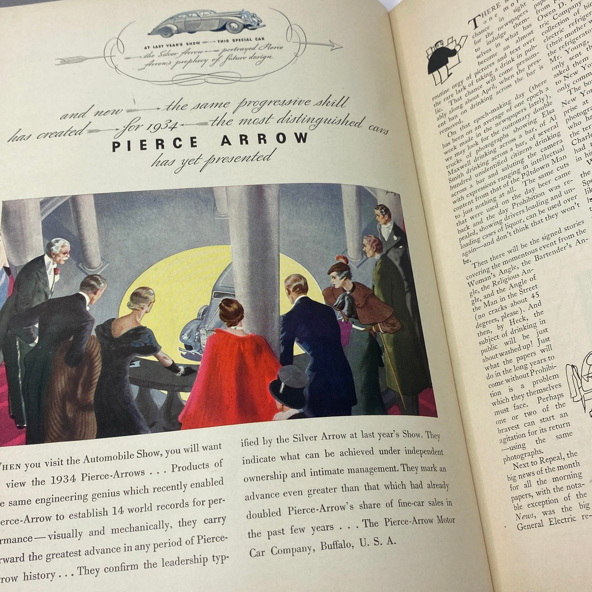 Another interior page of The New Yorker magazine from January 6, 1934, with an advertisement for Pierce-Arrow cars, highlighting the luxurious lifestyle of the era.