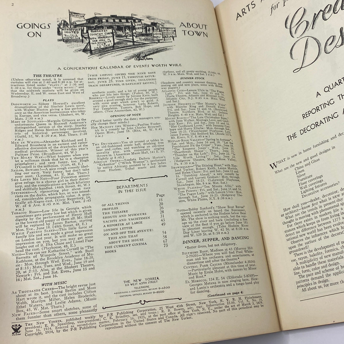 Interior page of The New Yorker magazine, June 16, 1934, featuring a calendar of events, arts, and cultural offerings, designed to reflect the sophistication of the era.