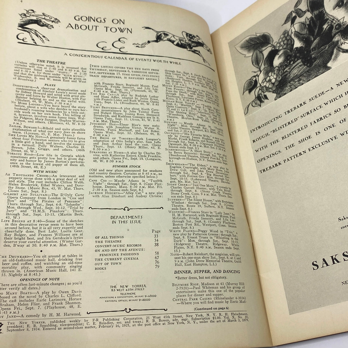 Vintage magazine page from The New Yorker complete magazine September 8, 1934, featuring events and theatre listings.