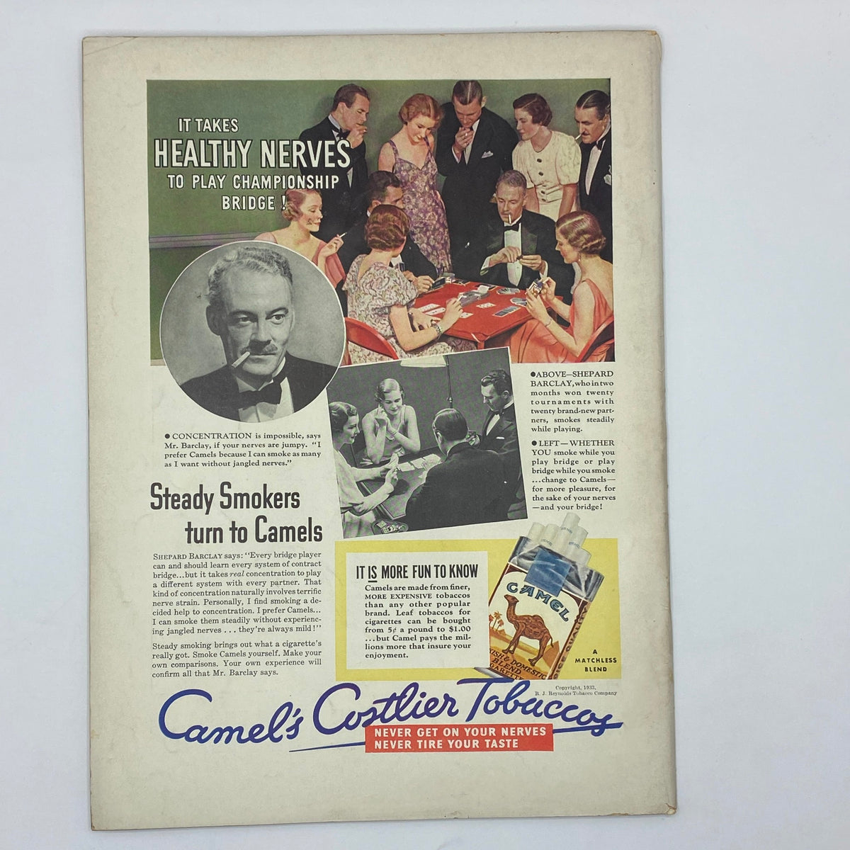 Vintage advertisement from The New Yorker Complete Magazine October 21, 1933 featuring a bridge game party and promoting Camel cigarettes, highlighting the importance of healthy nerves in playing championship bridge.