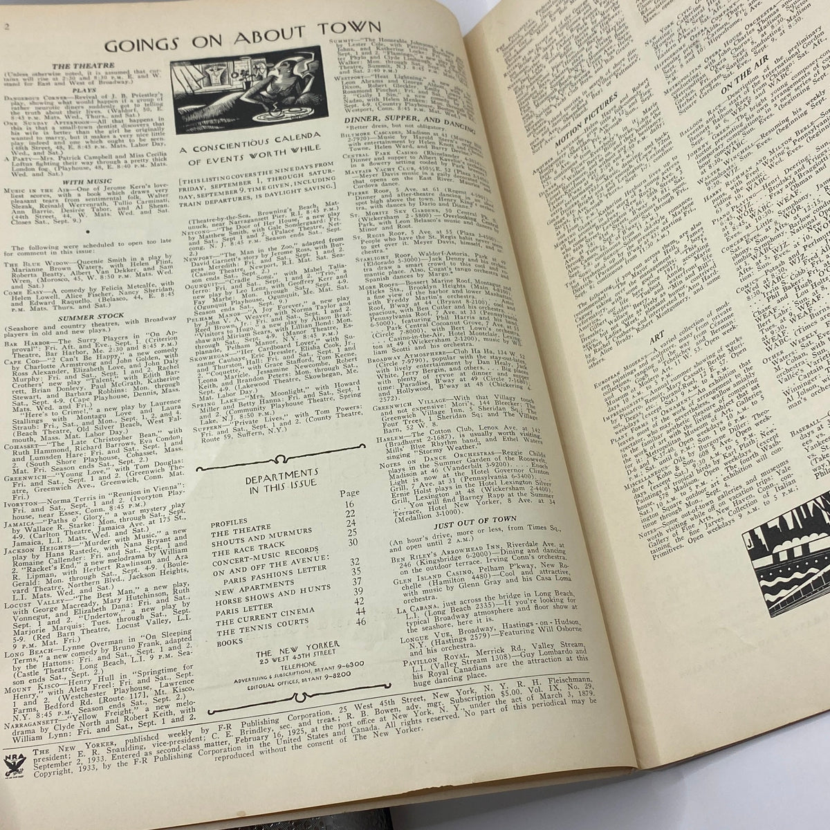 Interior page from The New Yorker September 2, 1933 featuring articles and events listing, showcasing the magazine's early 20th-century design and content.