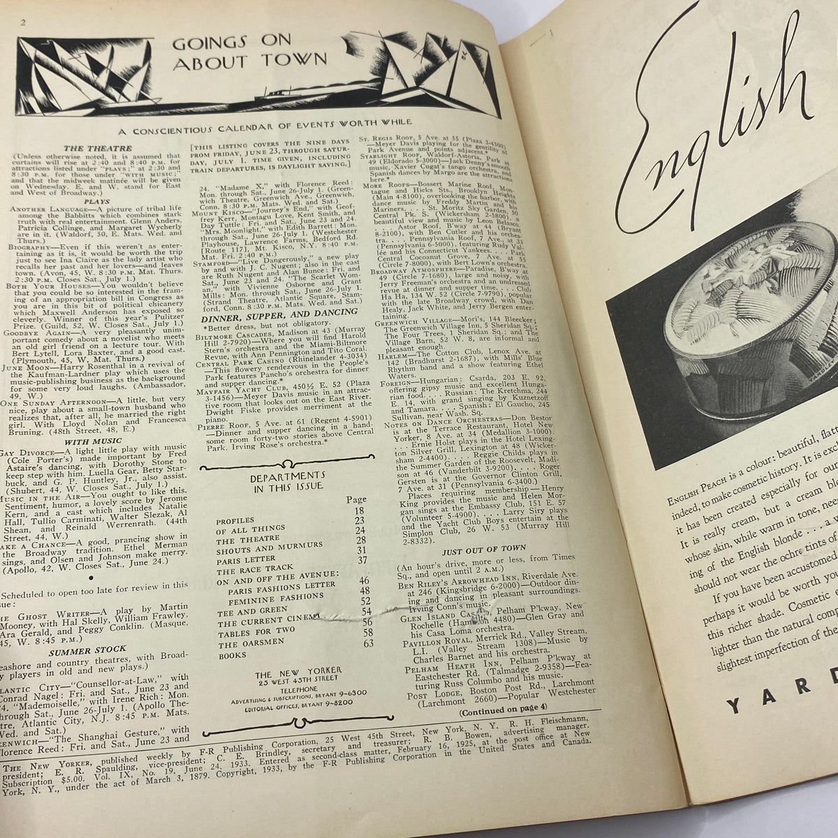 Interior page from The New Yorker complete magazine June 24, 1933, showcasing the Goings on About Town section, featuring a calendar of events and editorial content.