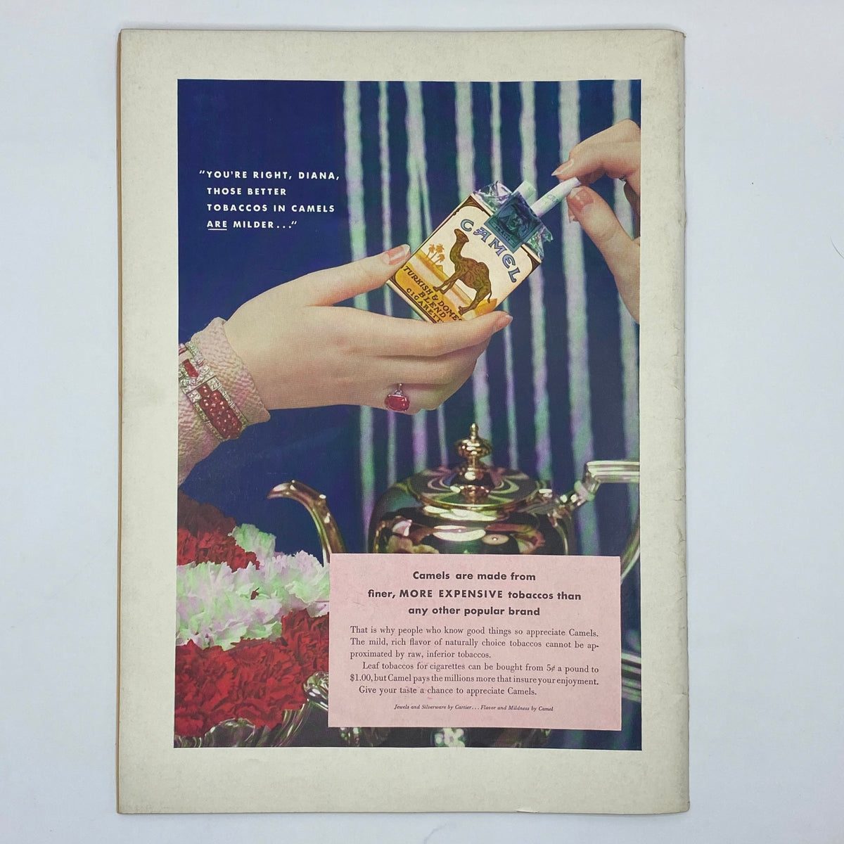 Vintage advertisement for Camel cigarettes in The New Yorker Complete Magazine June 17, 1933, featuring a woman's hand holding a Camel cigarette pack next to a teapot and flowers.