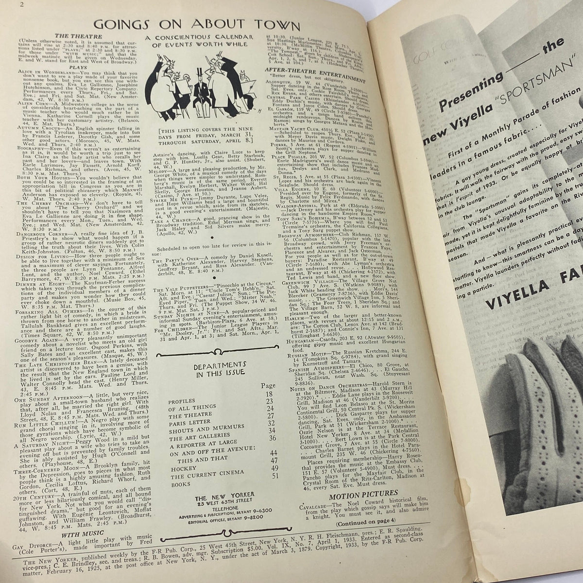 Inside page of The New Yorker magazine from April 1, 1933 featuring 'Goings on About Town' section, showcasing events and entertainment listings with historical significance.