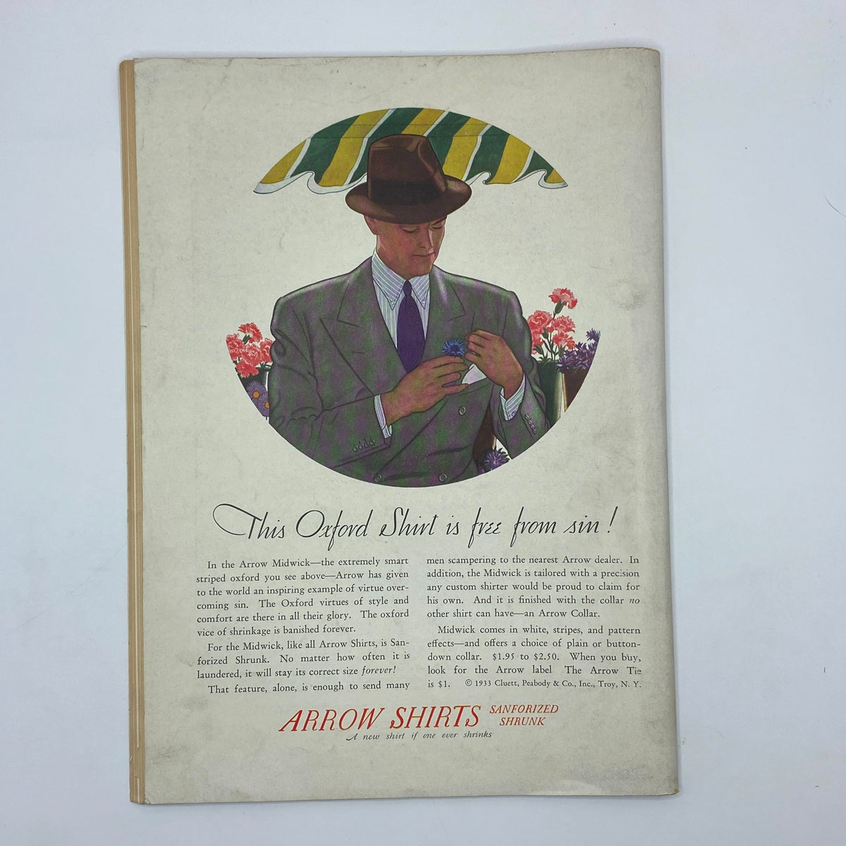 The New Yorker Complete Magazine September 23, 1933 Abner Dean Cover featuring a stylish man in a hat holding flowers, advertising Arrow Shirts with a vintage aesthetic.