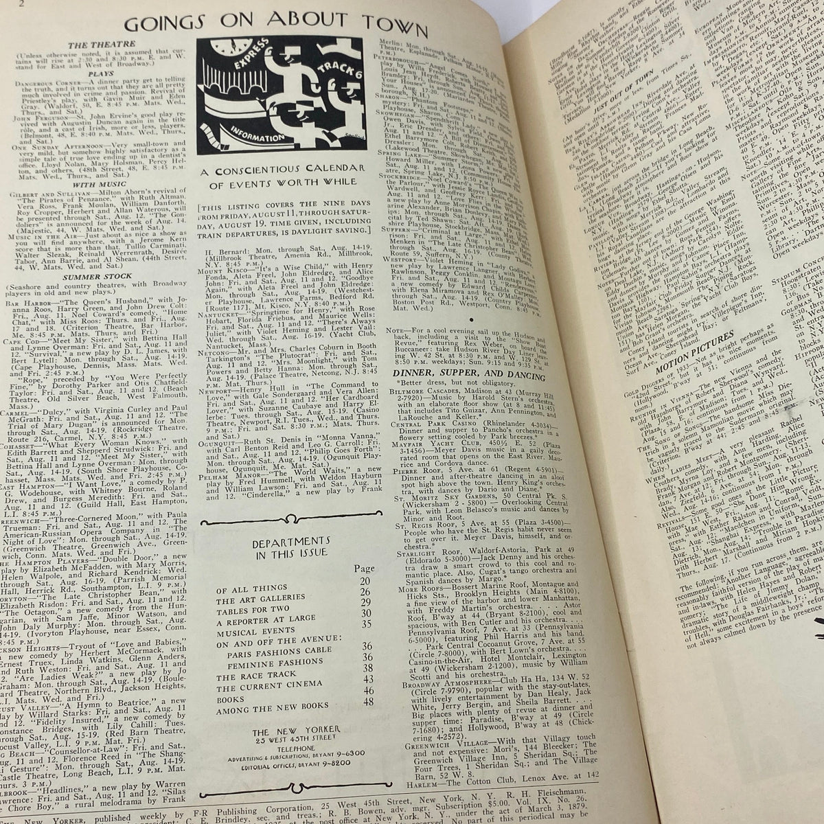 The New Yorker Complete Magazine August 12, 1933 - Interior page featuring 'Goings On About Town' section with a calendar of events, theater listings, and advertisements.