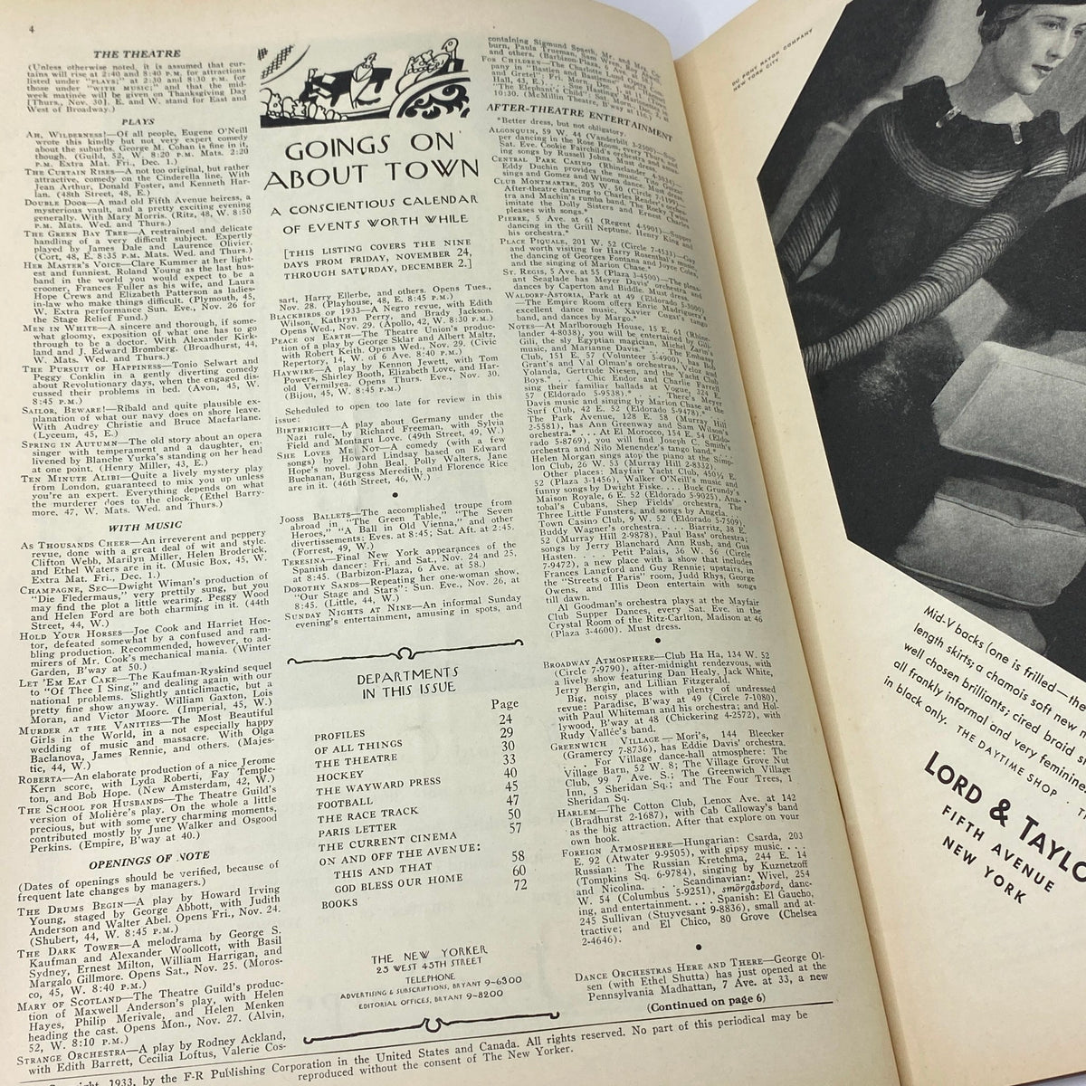 Inside page of The New Yorker magazine from November 25, 1933, featuring a calendar of events titled 'Goings On About Town' and advertising sections.
